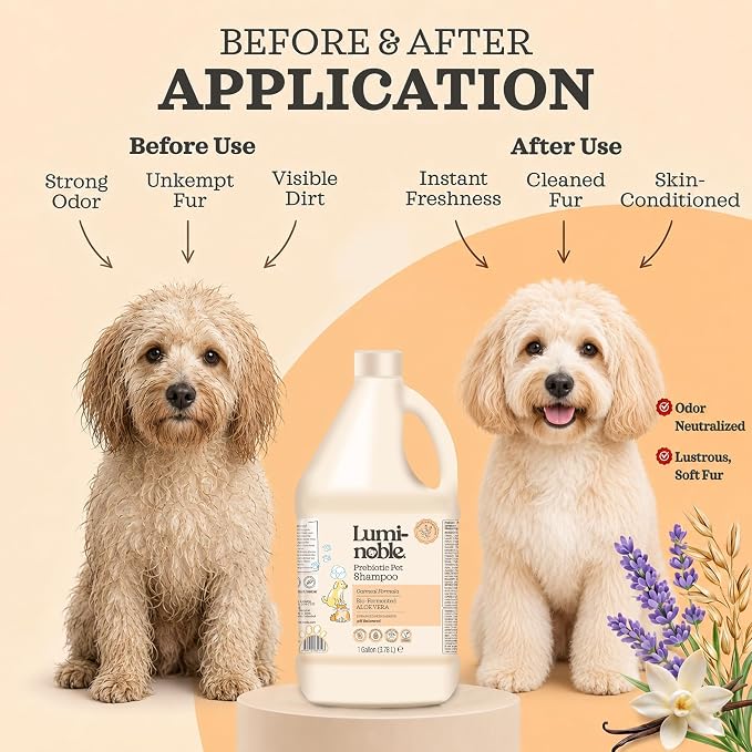 Prebiotic Hypoallergenic Sensitive Dog Shampoo – Oatmeal & Vanilla Scent Formula, Sensitive Skin | Vegan, Paraben-Free, Moisturizing & Deodorizing, Pet Shampoo | Safe for Dogs & Cats – 1 Gallon