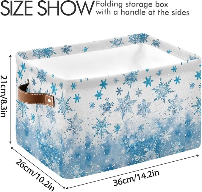Winter Snowflake Blue Storage Basket with Waterproof Liner and PU Handles White Christmas Holiday Xmas Storage Boxes 14.2" Collapsible Decorative Organizer Baskets for Bedroom Closet Office 2 Pack