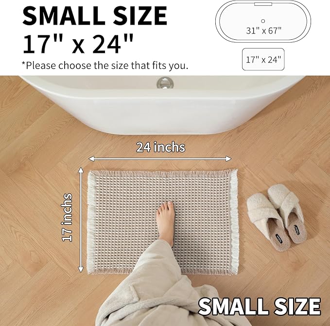 Waffle Bath Mat - Super Water Absorbing Bath Mat Quick Dry, Bathroom Rugs Non Slip Washable, Rubber Backed Bathroom Mat for Bathroom Floor, Tub and Shower, 17" x 24", Brown & White