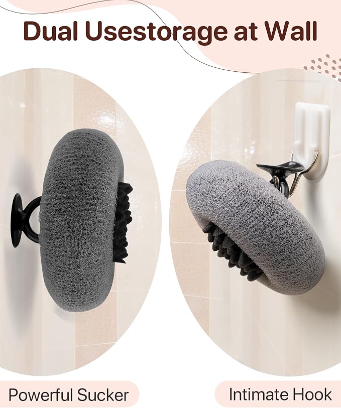 Super Soft Sunflower Suction Cup Bath Sponge loofah, 2026 Upgraded 2-in-1 Sunflower Ball Exfoliating Bath Sponge Cleaning Brush, Mesh Shower Body Sponge Accessories for Women, Men Shower (Black+Grey)