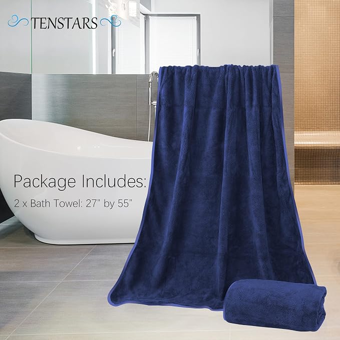 TENSTARS Silk Hemming Bath Towels for Bathroom Clearance - 27 x 55 inches - Light Thin Quick Drying - Soft Microfiber Absorbent Towel for Bath Fitness, Sports, Yoga, Travel, Gym - 2 Pack, Navy Blue