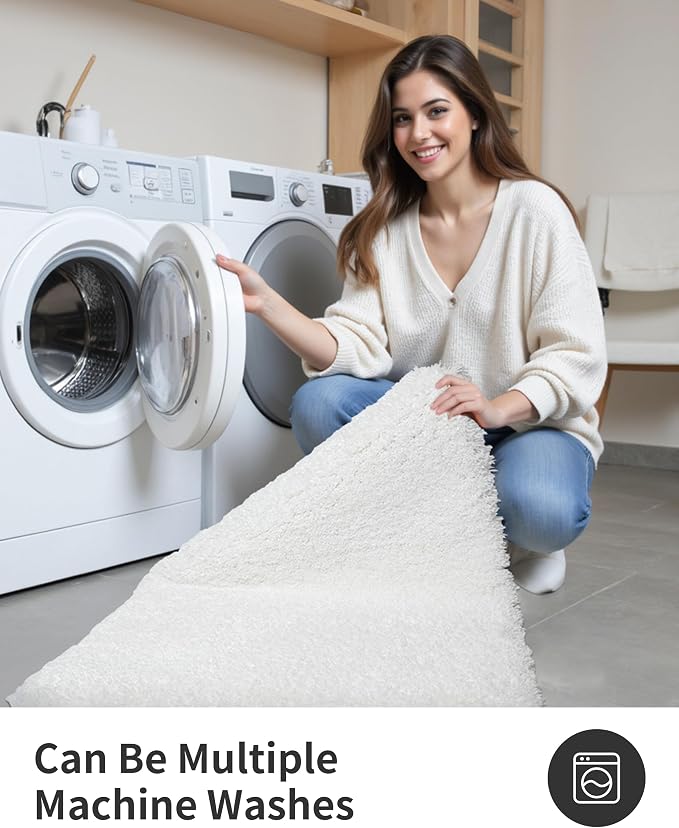 ILANGO White Bathroom Rugs 24" × 17" Non Slip & Super Absorbent Extra Thick Soft, Washable Bath Mat for Floor, Non Shedding Microfiber Plush Shaggy Bath Rug for Bathtub Shower Room Sink