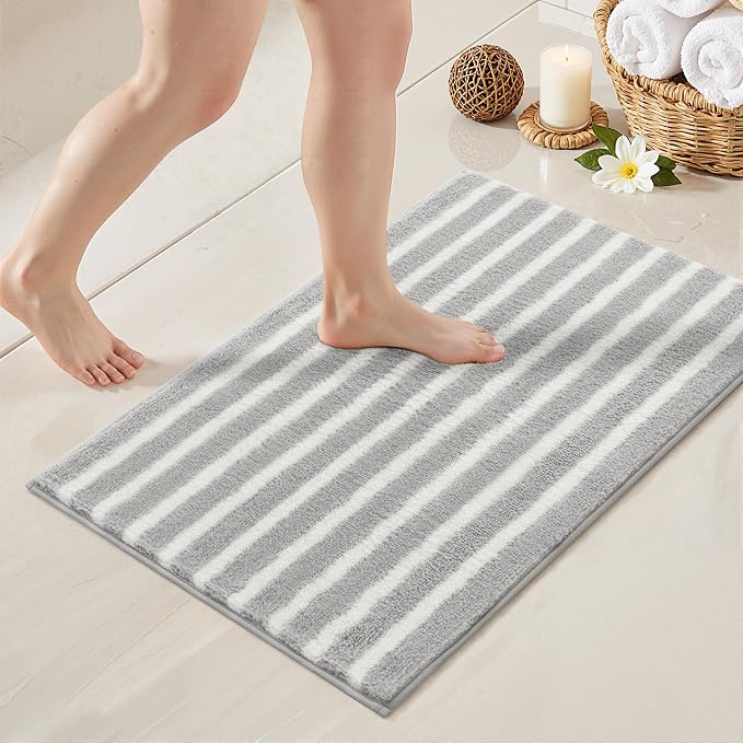 GRANNY SAYS Striped Bathroom Rugs Non Slip, 16" x 24", Bath Rugs for Bathroom Washable, Bath Mats for Floor, Microfiber Bath Mat for Tub, Absorbent Bath Rugs for Shower Room, Grey