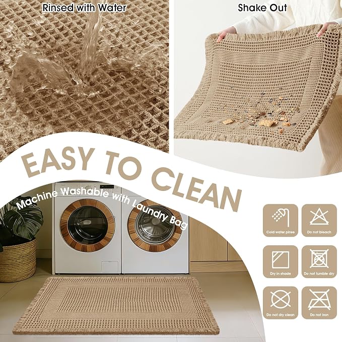 Upgraded Waffle Bath Mat, 36"x24" Beige-Looped, Super Absorbent Non-Slip Quick Dry Bathroom Rugs with Tassels, Machine Washable Ultra Soft Boho Bath Rugs for Floor, Toilet Mats Boho Farmhouse Decor