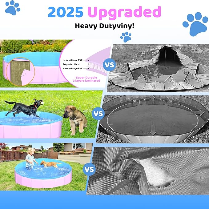 CACSPS 2025 Updated Foldable Dog Pool, 32" x 8" Kiddie Pool with Hard Plastic, Non-Slip Dog Bath Tub for Outdoor Backyard, Collapsible Dog Swimming Pool for Kids Dogs Pets (Pink)