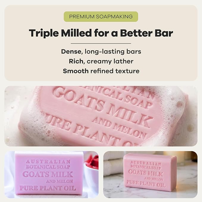Australian Botanical Soap, Goat Milk Soap and Melon, 6.6 oz. Bars, Triple Milled Body Cleanser, Made in Australia with African Shea Butter and Native Goat Milk, All Skin Types, Pack of 8