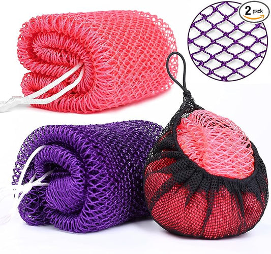 2 Pack African Net Sponge Exfoliating Body Scrubber Bath Sponge for Daily Use (Pink + Deep Purple)