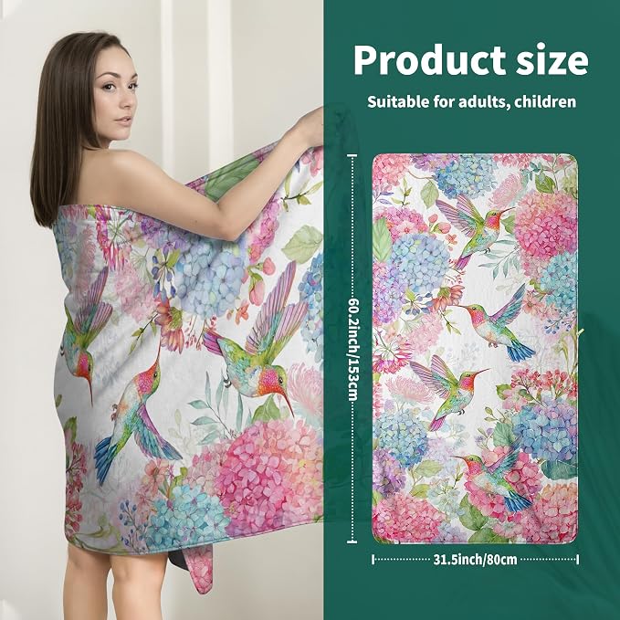 Microfiber Coral Fleece Bath Towel Hummingbird Hydrangea Floral Towels for Bathroom Shower