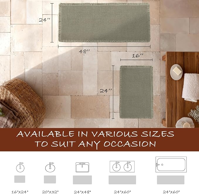 DWCN Waffle Bathroom Mats Set, Non Slip Bath Rug Set for Bathroom Floor, Super Absorbent Shower Mats for Tub, Washable Kitchen Rugs for Farmhouse Boho Style, 16" x 24" Plus 24" x 48", Olive Green