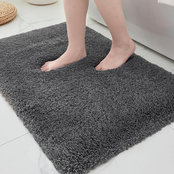 ILANGO Dark Gray Bathroom Rugs 30" × 20" Non Slip & Super Absorbent Extra Thick Soft, Washable Bath Mat for Floor, Microfiber Plush Shaggy Bath Rug with Rubber for Bathtub Shower Room Sink