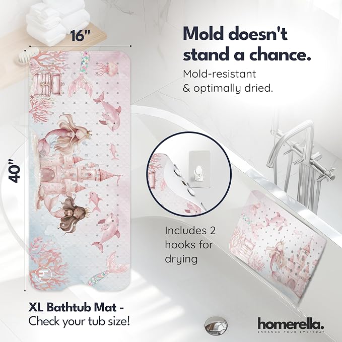 Bath Tub Mat Non Slip Anti Mold for Kids BPA Free INCL Hooks - homerella® Ocean Sea Animals 40x16, Baby Bath Mat Non Slip 200 Suction Cups, Non Toxic Machine Washable Toddler Bath Mat, EU Certified