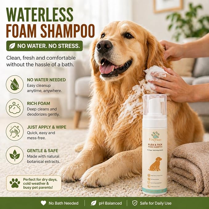 Flea & Tick Dog Waterless Foam Shampoo – No Rinse Grooming Formula – Gentle Care Coat Cleansing – Fresh Clean Scent – Dry Shampoo for Dogs and Puppies-200 ml (6.7 fl oz)