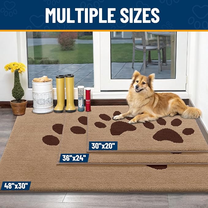 Smiry Dog Door Mat for Muddy Paws, Absorbs Moisture and Dirt, Low-Profile Entryway Mat with Non-Slip Backing, Entry Indoor Outdoor Doormat for Inside Floor (48x30 Inches, Beige, Paw