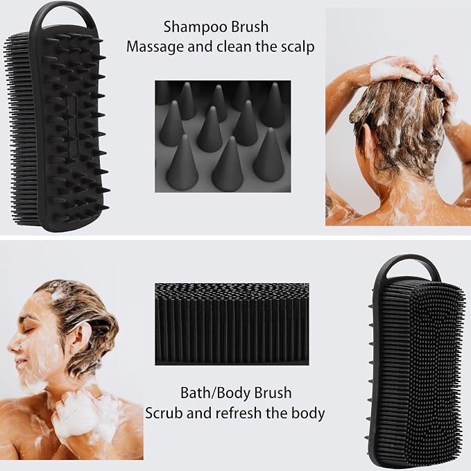 MtBoi 2 PC Silicone Body Scrubber, 2 in 1 Exfoliating Shower Bath Scrubber, Soft Silicone Loofah for Sensitive Skin, Shower Hair Scalp Massager, Easy to Clean, Lather Well (Black&Pink)