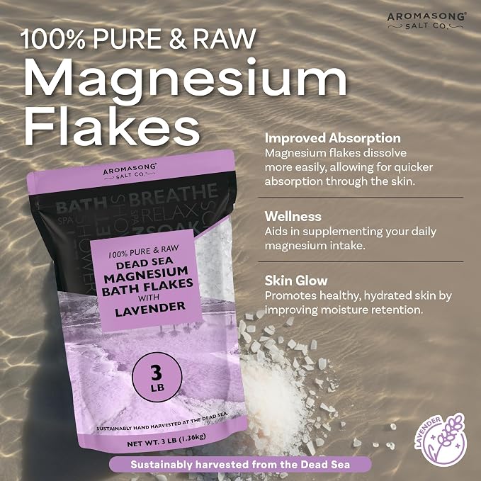 Aromasong RAW Magnesium Bath Flakes with 100% Natural Lavender, 3 LB Muscle Relaxing Organic Salts Mg Chloride, Mineral Soak. (Packaging May Vary)