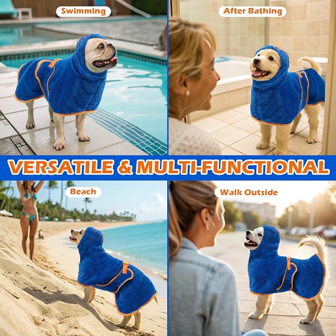 EXPAWLORER Soft Dog Bathrobe with Hood, Super Absorbent & Quick-Drying Dog Towels, Cozy Drying Coat for After Bath,Swimming, Blue M