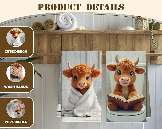 Bath Towels Set of 2, Cute Highland Cattle Dish Towel for Bathroom Spa Washroom, Western Calf Fast Drying Decorative Hand Towels, Farmhouse Housewarming Xmas Gifts for Women Mom -B22