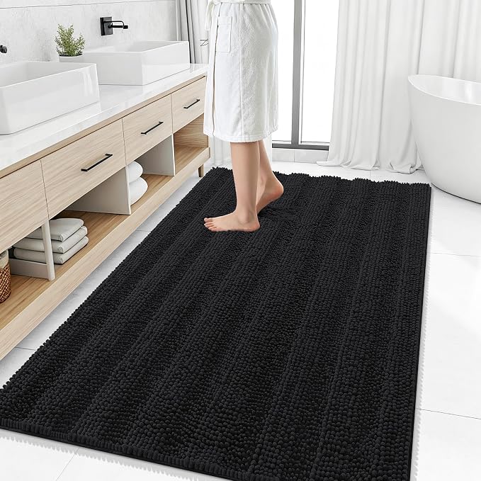 Smiry Thick Chenille Large Bathroom Rugs 59x35, Extra Soft Absorbent Striped Bath Mat, Machine Washable, Rubber Backing, Bath Rugs for Bathroom, Tub & Shower, Home Decor Accessories, Black