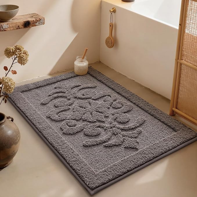 LUMI Bathroom Rugs Non Slip Rubber Backing, Ultra Soft Microfiber Bath Mat Machine Washable, Elegant Floral Bath Rugs for Shower Floor, Bathtub, Sink, 16x24, Grey