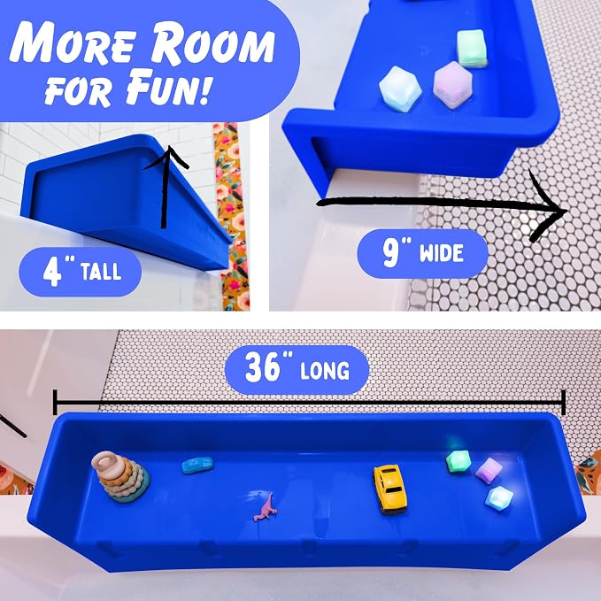 Tub Topper Kids Bathtub Splash Guard, Shelf & Toddler Bath Toy Tray - Blue | Toddler Bath Tray & Ledge Organizer, Strong Suction Cups, Patented Lip Design, Kids Bathroom Accessory Storage, Made in USA