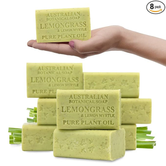 Australian Botanical Soap, 6.6 OZ, Lemongrass and Lemon Myrtle, Triple Milled Bars made with a Natural Soap Base and Enriched with Organic Shea Butter, Pack of 8