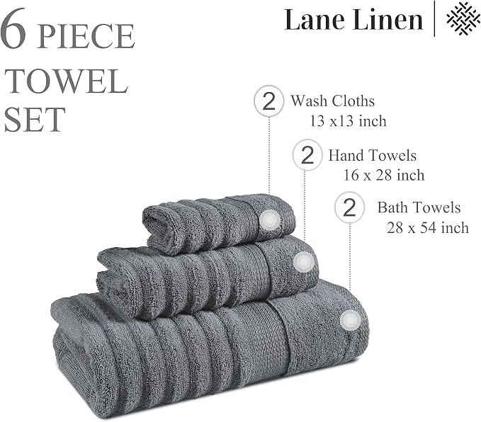 LANE LINEN Towels Set - 6 Piece Cotton Towels for Bathroom - Super Soft, Durable & Highly Absorbent - 2 Bath, 2 Washcloths, 2 Hand Towels - Oeko TEX Certified, Zero Twist Tech & Hotel Quality - Grey