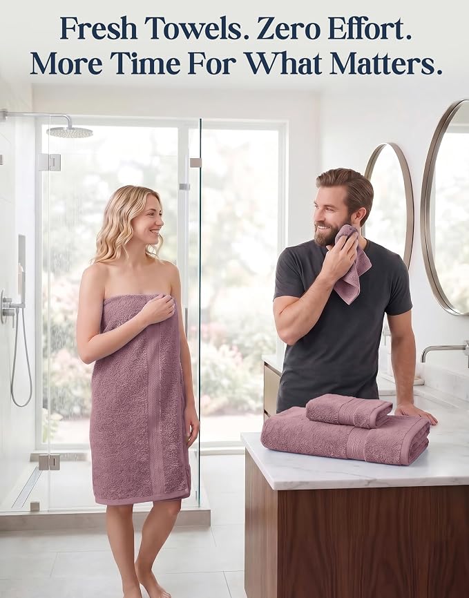 LANE LINEN 100% Cotton Turkish Towels for Bathroom - 6 Piece - Softer & Highly Absorbent - 2 Bath, 2 Wash cloths, 2 Hand Towels - Complete Family Set, Hotel Quality & Gentle on Skin - Wistful Mauve