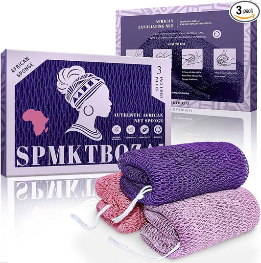 SPMKTBOZAI African Net Sponge Authentic, 3 Pieces African Exfoliating Sponge Real African Net, Shower Loofah Exfoliating Bath Sponge, Body Scrubber for Women and Men Daily Use Body Care