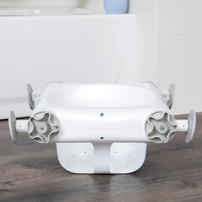 Regalo Baby Basics Baby Bath Seat with Suction Cups, Sit-Up Bath Support for Infants, Secure Baby Bath Chair for Bathtub, Easy Clean with Drain Holes, Fits Standard Tubs, White