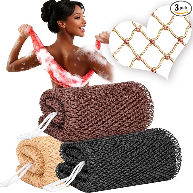 African Net Sponge Authentic, 3 Pcs Exfoliating Net Sponge for Bath, 45 Inch Long Stretch Back Scrubber for Women and Men, Exfoliating Shower Scrubber (Black+Champagne Gold+Brown, 3 Packs)