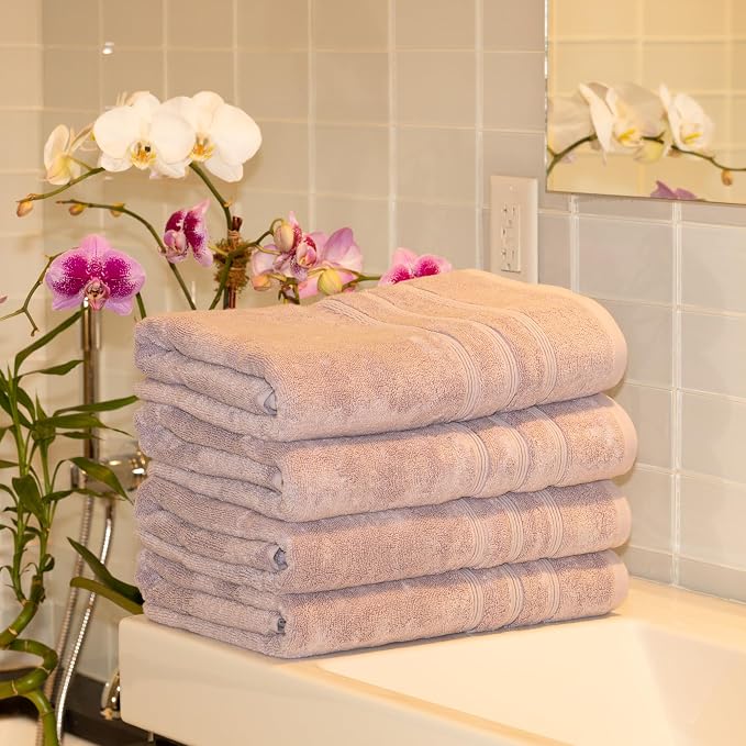 Mosobam Turkish Bath Towels, 4 Pack, 30 x 58 in, 700 GSM, Lavender Aura | 4 jumbo bath towels, 30 x 58 in, woven in Turkey, 700 GSM, 50% viscose made from bamboo and 50% Aegean Turkish cotton, plush