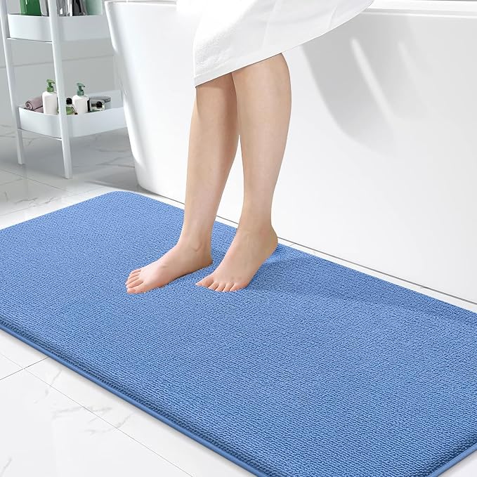 OLANLY Thick Memory Foam Bathroom Runner Rugs 47x24, Extra Soft Absorbent Long Bath Mats, Quick Dry, Non-Slip, Machine Washable Bath Mat for Tub and Shower, Home Decor Accessories, Cornflower Blue
