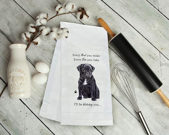 E&S Imports Black Pug Kitchen Towels - Soft, Highly Absorbent - Black Pug Gifts - Dish & Tea Towels - Reusable, Quick Drying - 100% Natural Cotton - For Pet Lovers