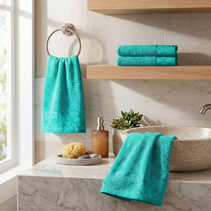 Superior Floral Jaquard Cotton Hand Towels, 4 Pack Towel Set, Turquoise | 0
