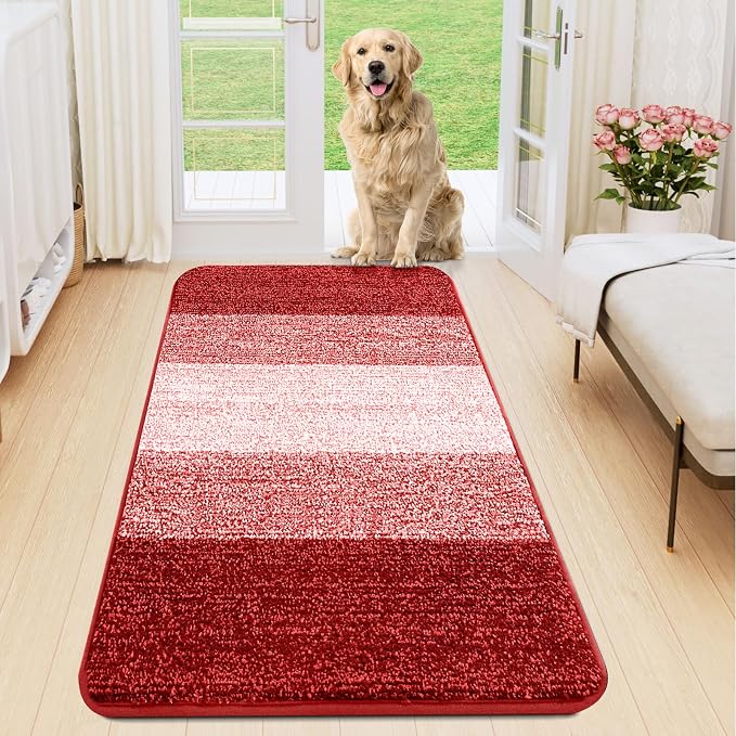 Smiry Dog Door Mat for Muddy Paws, Absorbs Moisture and Dirt, Low-Profile Entryway Mat with Non-Slip Backing, Entry Indoor Outdoor Doormat for Inside Floor (54x24 Inches, Burgundy, Striped)