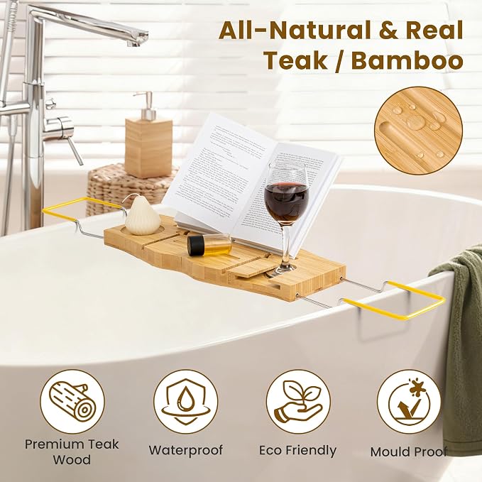 Dreamland Bamboo Bathtub Tray Caddy | Light bamboo material, cross tub design, bathroom bath supplies storage