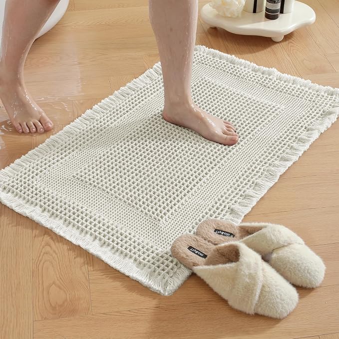 Waffle Bath Mat - Super Water Absorbing Bath Mat Quick Dry, Bathroom Rugs Non Slip Washable with Tassels, Rubber Backed Bathroom Mat for Bathroom Floor, Tub and Shower, 24" x 72", Off-White