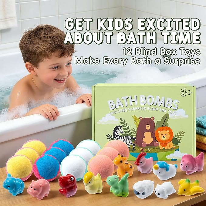 Bath Bombs for Kids with Surprise Inside, 12 Pack Bath Bombs with Mini Land Animal Toys Inside, Fizzy Bath Balls for Fun, Birthday Gifts, Perfect for Boys and Girls