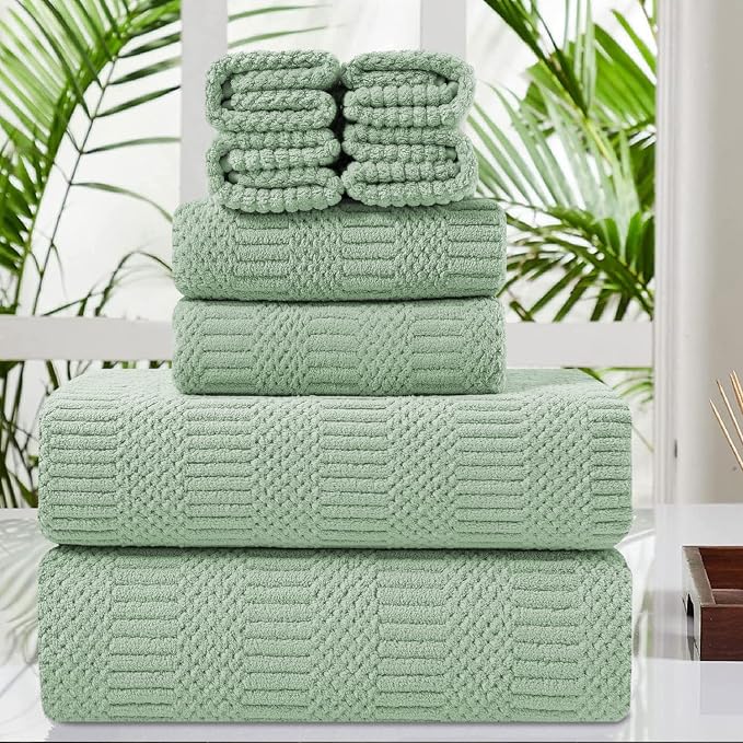 8 Pcs Green Oversized Bath Towel Set-2 Extra Large Bath Sheets,2 Hand Towels,4 Washcloths Soft Bathroom Towels Highly Absorbent Quick Dry Beach Chair Towels Woven Towels for Hotel and Spa