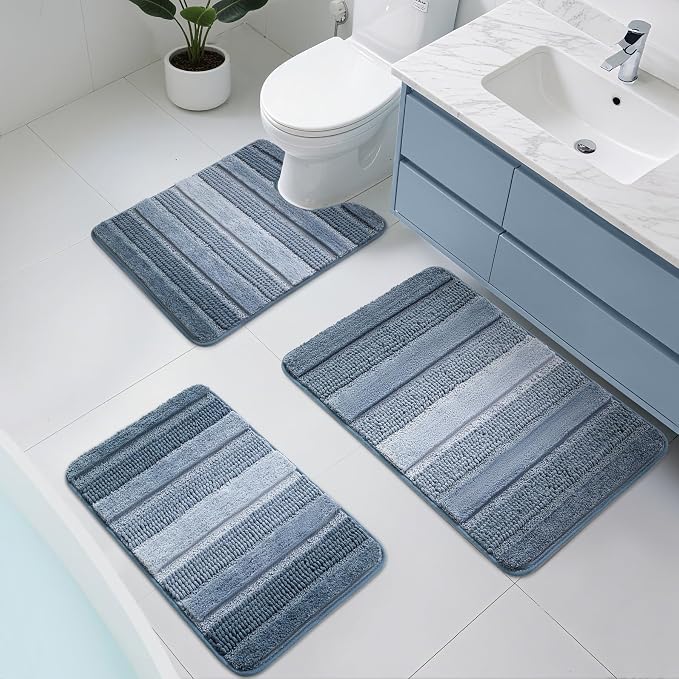 Kmson 3 Pcs Ombre Chenille Bathroom Rugs Set, Non-Slip Ultra Soft Washable Shaggy Bath Rugs for Bathtub, Thick Water Absorbent Microfiber Shower Mat Blue