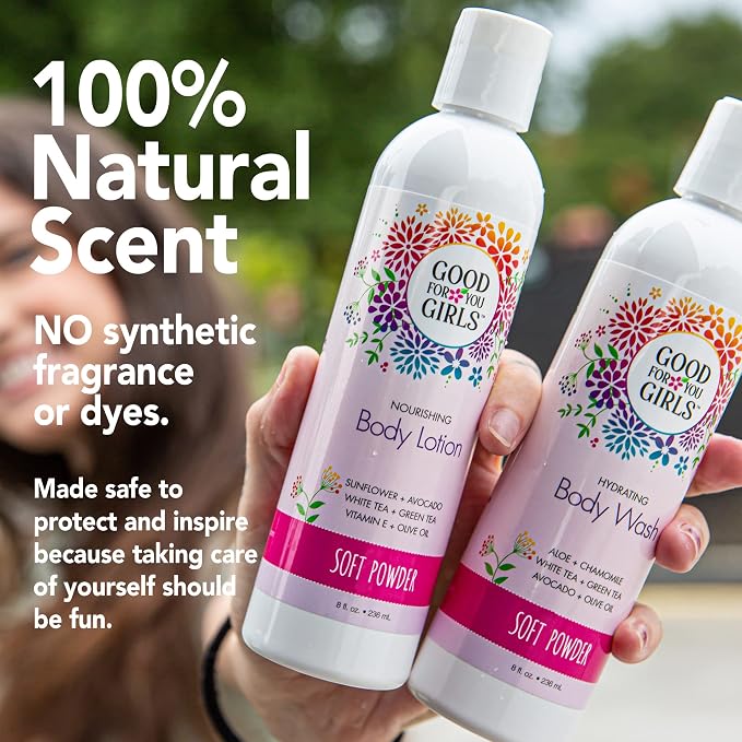 Good For You Girls Natural Body Wash with Aloe, Avocado & Jojoba Oils,Shower Gel Body Wash for Girls to Adults, Vegan and Paraben Free, Powder Scent (8 Fl oz)