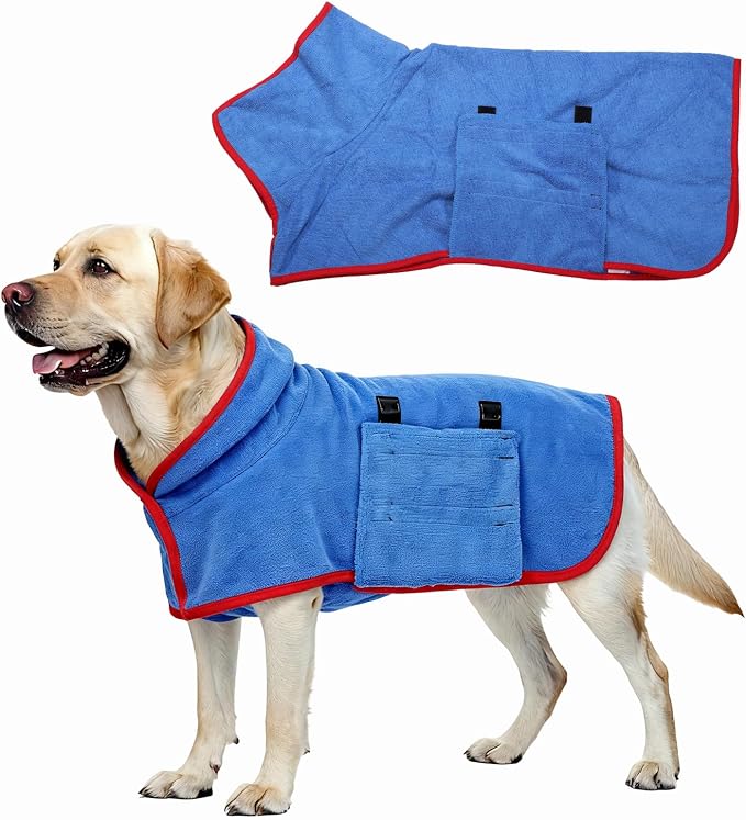 Dog Drying Coat, Dog Robes for After Bath Bathrobe Super Absorbent Towel Soft Adjustable, (M, Blue), Intended for Fast Drying Warm Keeping Pet Cats Kitten Puppies