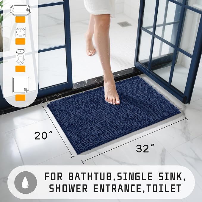 Yimobra Washable Bathroom Rugs, Super Soft & Absorbent Chenille Bath Mat for Floor & Carpet, Quick Dry Non Slip Bath Mat for Tub Shower, 32"x20",Navy Blue