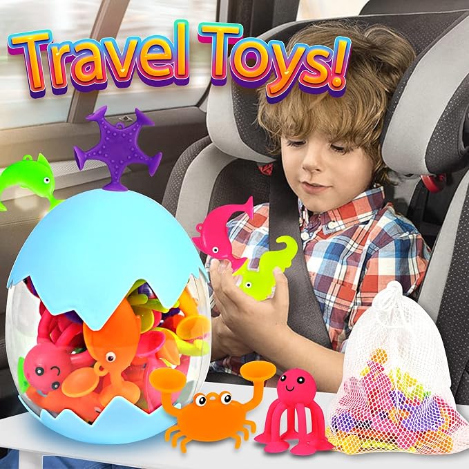 Suction Bath Toys for Kids, 18 Pcs Ocean Animal Suction Cup Toys with Eggshell & Bag, No Hole Mold Free Bath Toy, Sensory Window Building Toys for Toddlers Boys Girls 3 4 5 6 Year Old