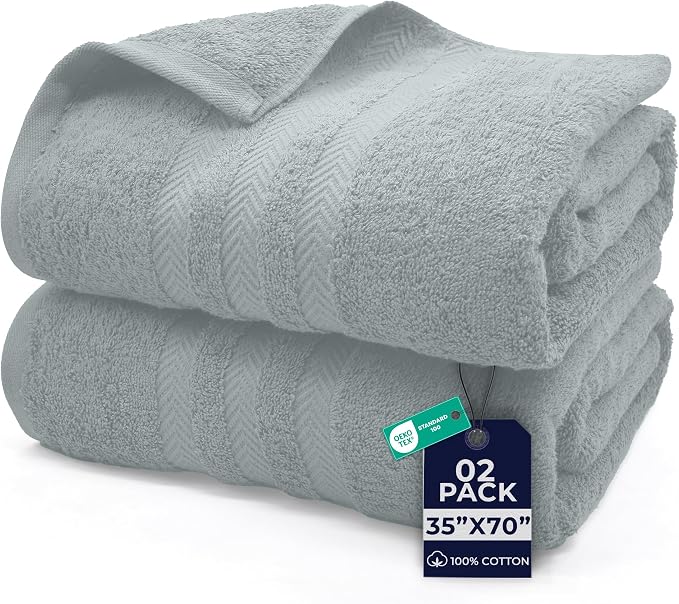 DAN RIVER 2 Pack Bath Sheets Extra Large 35x70, Large Bath Towels for Adults, XL Oversized Heavy Duty Towel Set, 600 GSM 100% Ring Spun Cotton, Soft Quick Dry, Silver