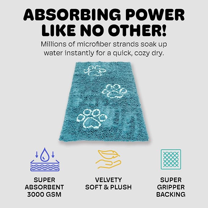 Dog Gone Smart Dirty Dog Doormat - Fast Drying Rug with Super Gripper Backing for Clean Floors - Super Absorbent and Machine Washable Mat for Muddy Paws - Pacific Blue