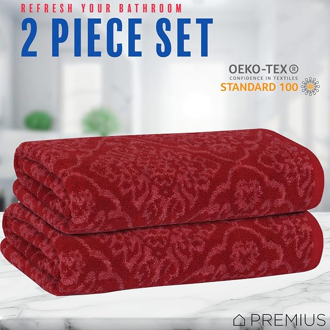 2 Pack Damask Hand Towel, Bath Towel, and Bath Sheet Towel, 100% Cotton Yarn Dyed, Lux Drying Experience, Great for Hands and Body, Perfect for Spa & Home Use (Burgundy, Bath Towel)