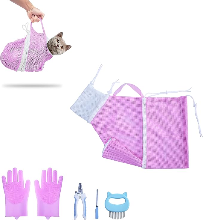 KlerRoem Cat Bathing Bag, Adjustable Anti-bite and Anti-Scratch Cat Shower Mesh Grooming Bag for Pet Dogs and Cats, Includes Pet Nail Clipper, Nail File, Grooming Glove, and Cat Shell Comb