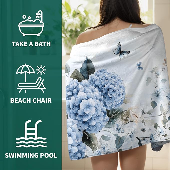 Blue Hydrangea Bath Towels Botanical Leaf Floral Large Shower Towel Soft Absorbent Microfiber Bath Sheet
