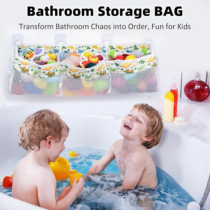 Bath Toy Organizer,3 Compartment Horizontal Large Bath Toy Storage with 4 Suction Hooks,Baths Toys Storage Holder Bag Tidy for Accessing & Sorting Toys,Dinosaur